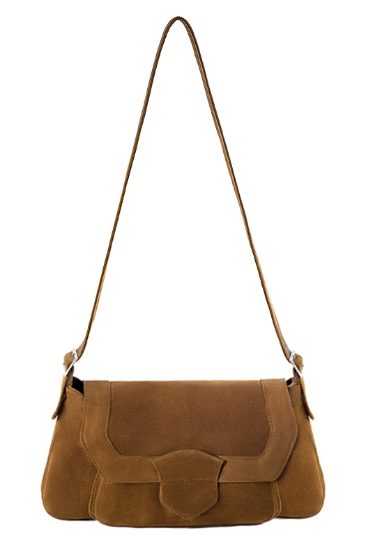 Caramel brown women's dress handbag, matching pumps and belts. Top view - Florence KOOIJMAN